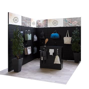 FlexiSlot® Slatwall Exhibition Stand "Style Black" 2850 x 2800 mm Corner Stand