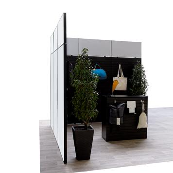 FlexiSlot® Slatwall Exhibition Stand "Style Black" 2850 x 2800 mm Corner Stand