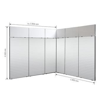 FlexiSlot® Slatwall Exhibition Stand "Style Black" 2850 x 2800 mm Corner Stand