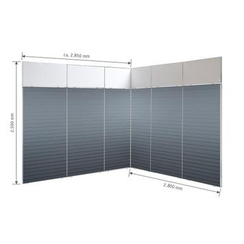 FlexiSlot-® Slatwall Exhibition Stand "Style" - 2850 x 2800 mm Corner Stand